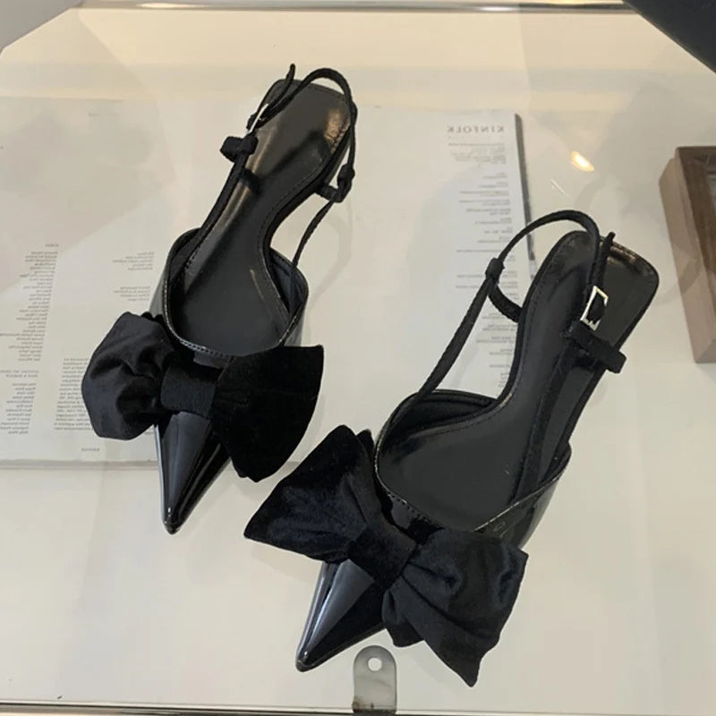 Design Big Butterfly Knot Flat Mules Sandals Cozy Patent Leather Pointed Toe Back Strap Shoes