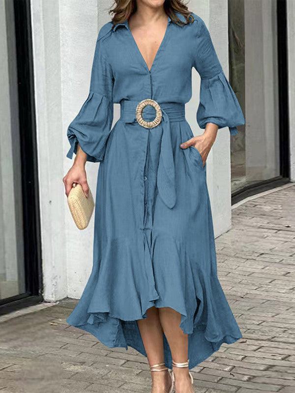 High-low Puff Sleeves Pleated Color Lapel Collar Maxi Dresses