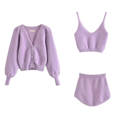 Two Piece Sets Outfits White Plush Mohair Drill Button Cardigan Coats With Bra Tops and Mini Shorts Matching Sets