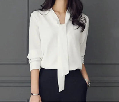 Long Sleeve Bow Tie V-neck Chiffon Blouse