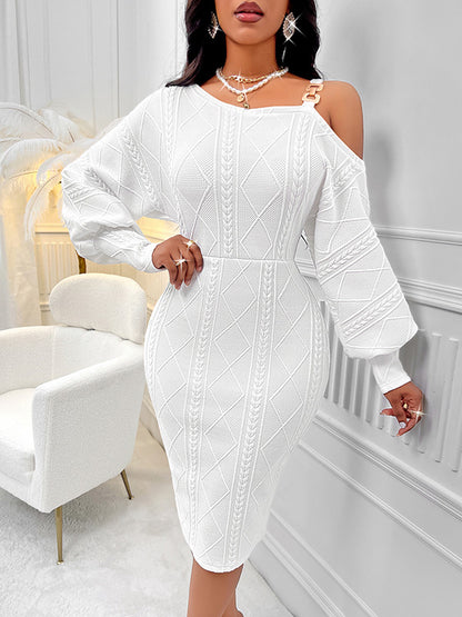 Bodycon Long Sleeves Color Split-joint Cold Shoulder Midi Dresses
