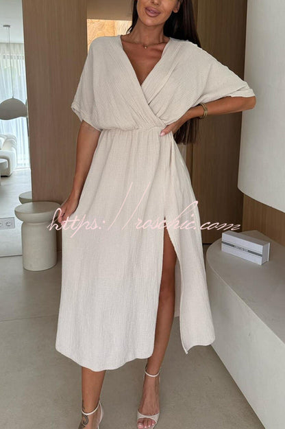 Linen Blend Color V-neck Short Sleeve Waist Loose Slit Midi Dress