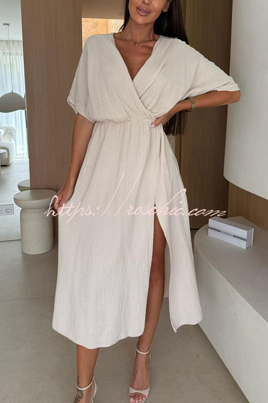 Linen Blend Color V-neck Short Sleeve Waist Loose Slit Midi Dress