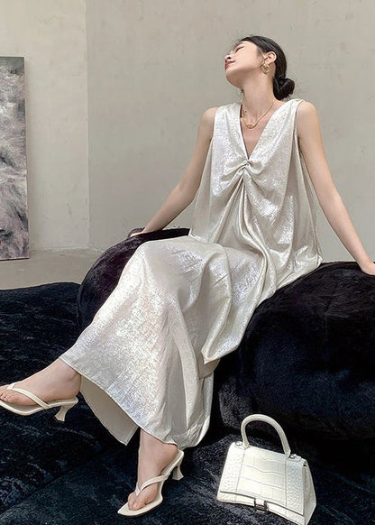 French Beige V Neck Wrinkled Silk Long Dress Sleeveless Ee024