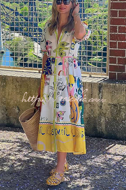 Chasing the Sun Unique Print Pocketed Shirt Midi Dress