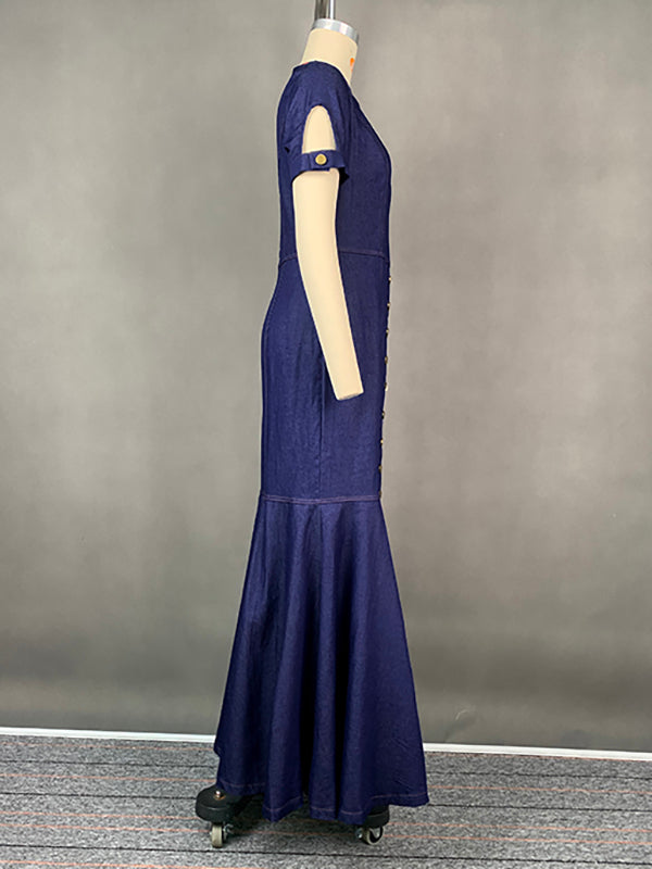 Bodycon Mermaid Buttoned Hollow Split-joint Round-neck Maxi Dresses