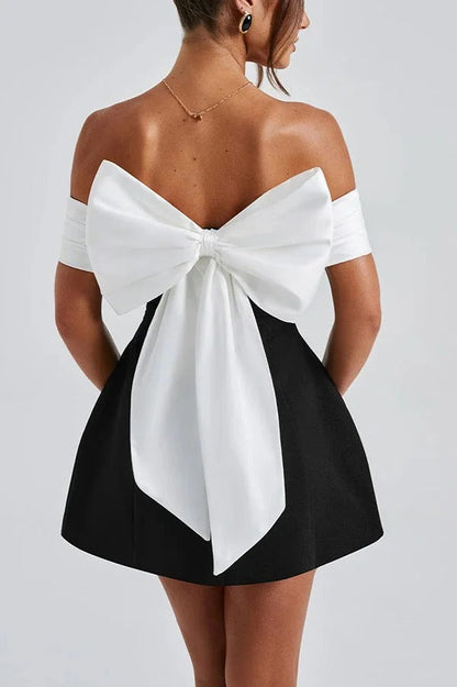 Contrast Off-the-shoulder Bow-embellished Mini Dress