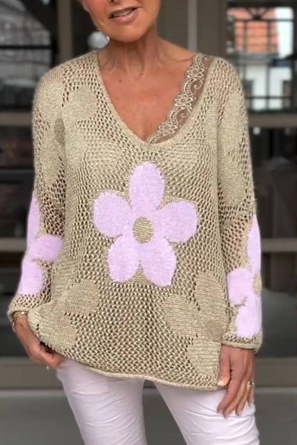 Knitted Hollow V-neck Shirt Mesh Sweater
