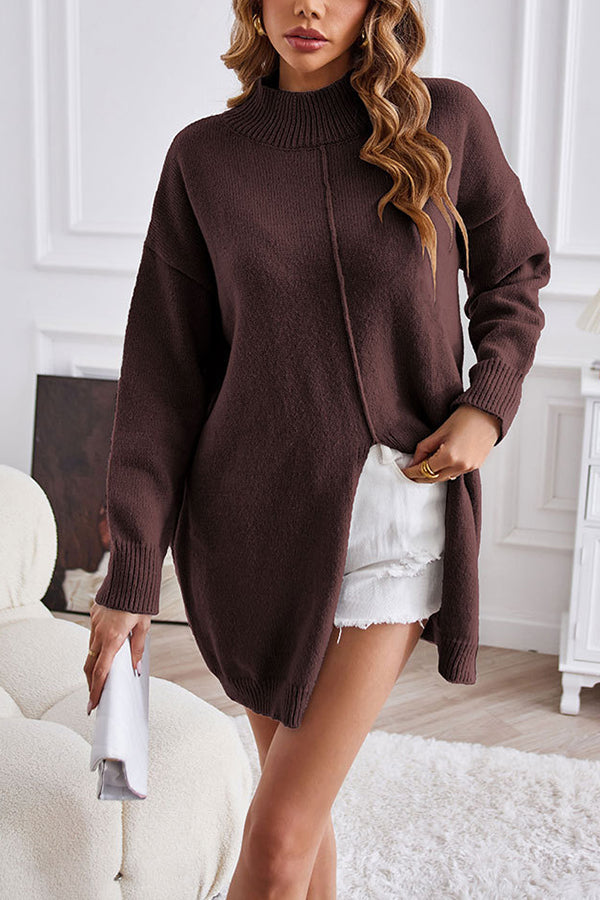 Color Half Turtleneck Pullover Sweater Fashionable Mid-length Slit Dress