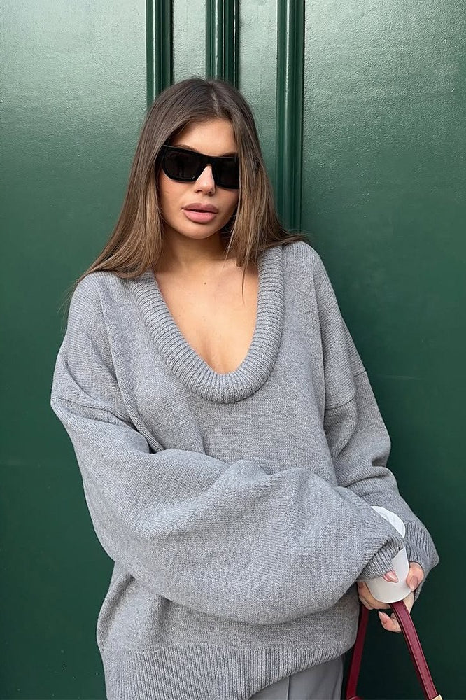3d V Neck Paneled Oversized Sweater