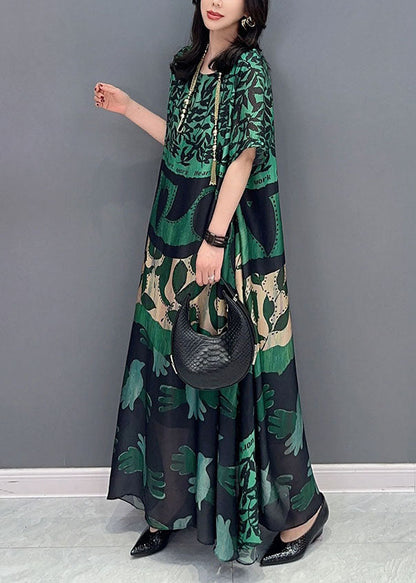 Black Texture O Neck Pockets Print Patchwork Silk Long Dresses Summer Tt1032