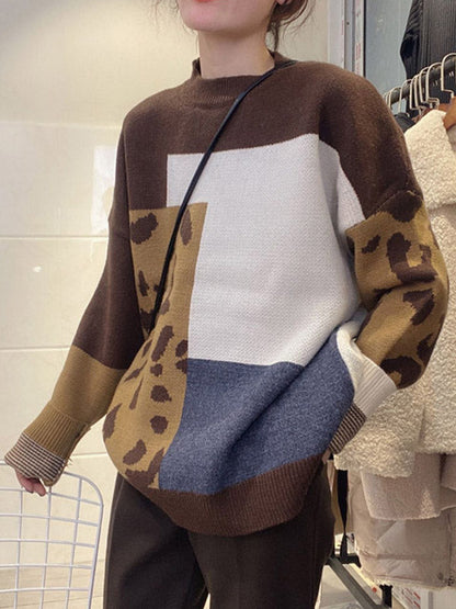 Original Brown Round-neck Contrasting Color Blocks Leopard Long Sleeve Sweater An1048