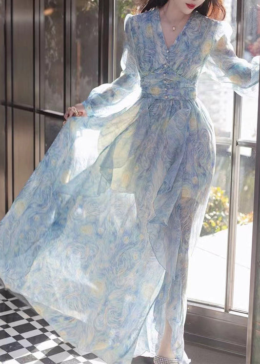 New Blue V Neck Print Chiffon Long Dresses Long Sleeve Aj1039