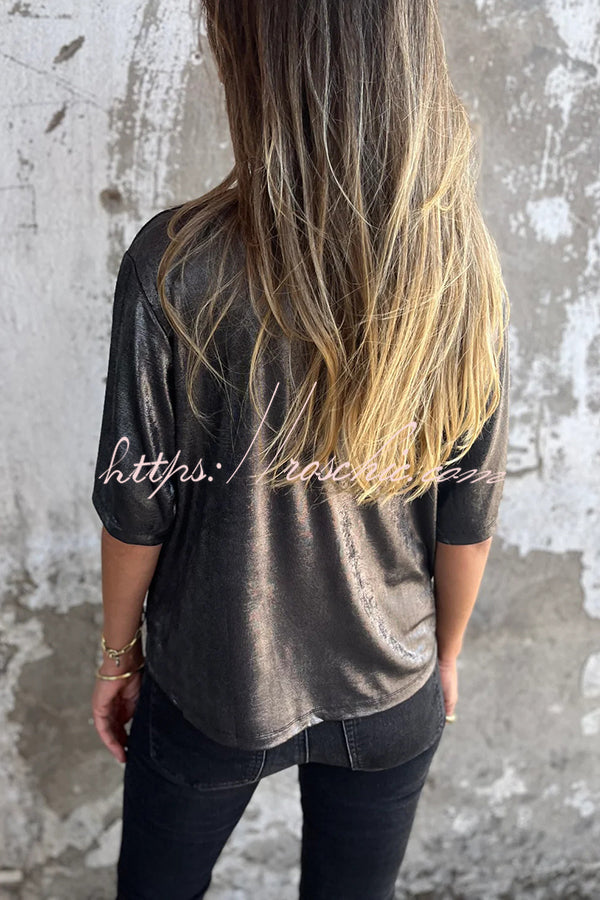 Metallic Color Round Neck Short-sleeved Loose T-shirt