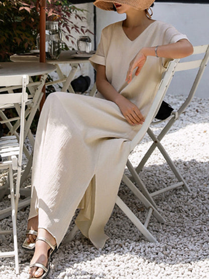 A-line Loose Hollow Color Split-side Tied Waist V-neck Midi Dresses