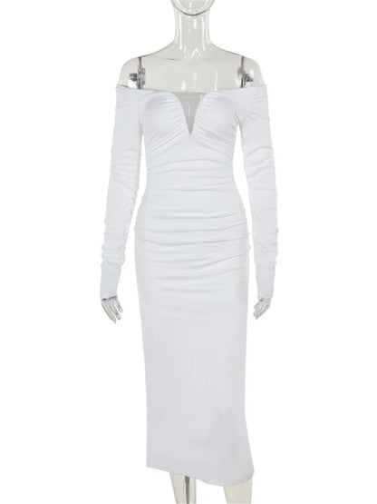V-neck Off-shoulder Long Dress for Pleated Long Sleeve High Waist Skinny Dress Female Slim Maxi Dress New
