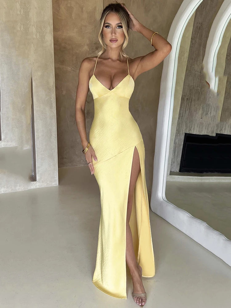 Strapless Satin Maxi Dress Open Back High Slit Slim Dress Spring Summer Party Club Vestidos