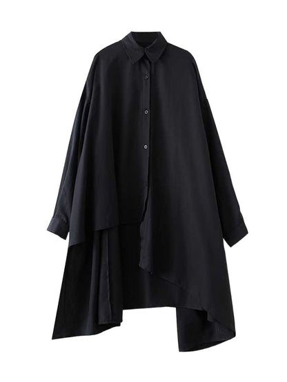 Original Black Lapel Asymmetric Buttoned High-low Hem Long Sleeve Blouse Tw009