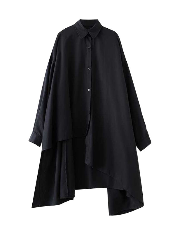 Original Black Lapel Asymmetric Buttoned High-low Hem Long Sleeve Blouse Tw009