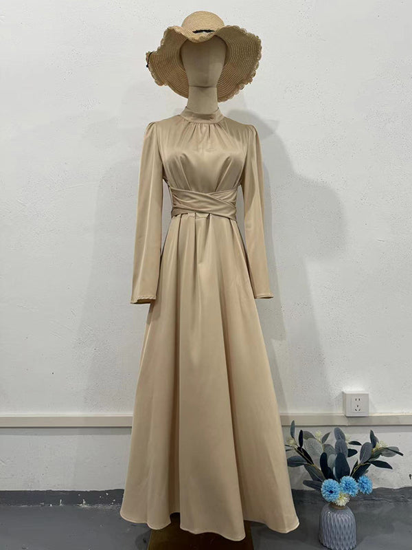 Long Sleeves Loose Pleated Color Tied Waist Mock Neck Maxi Dresses