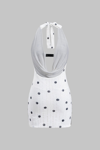 Polka Dots Pattern Lace Ruched Halter Neck Tie Up Backless Mini Dress