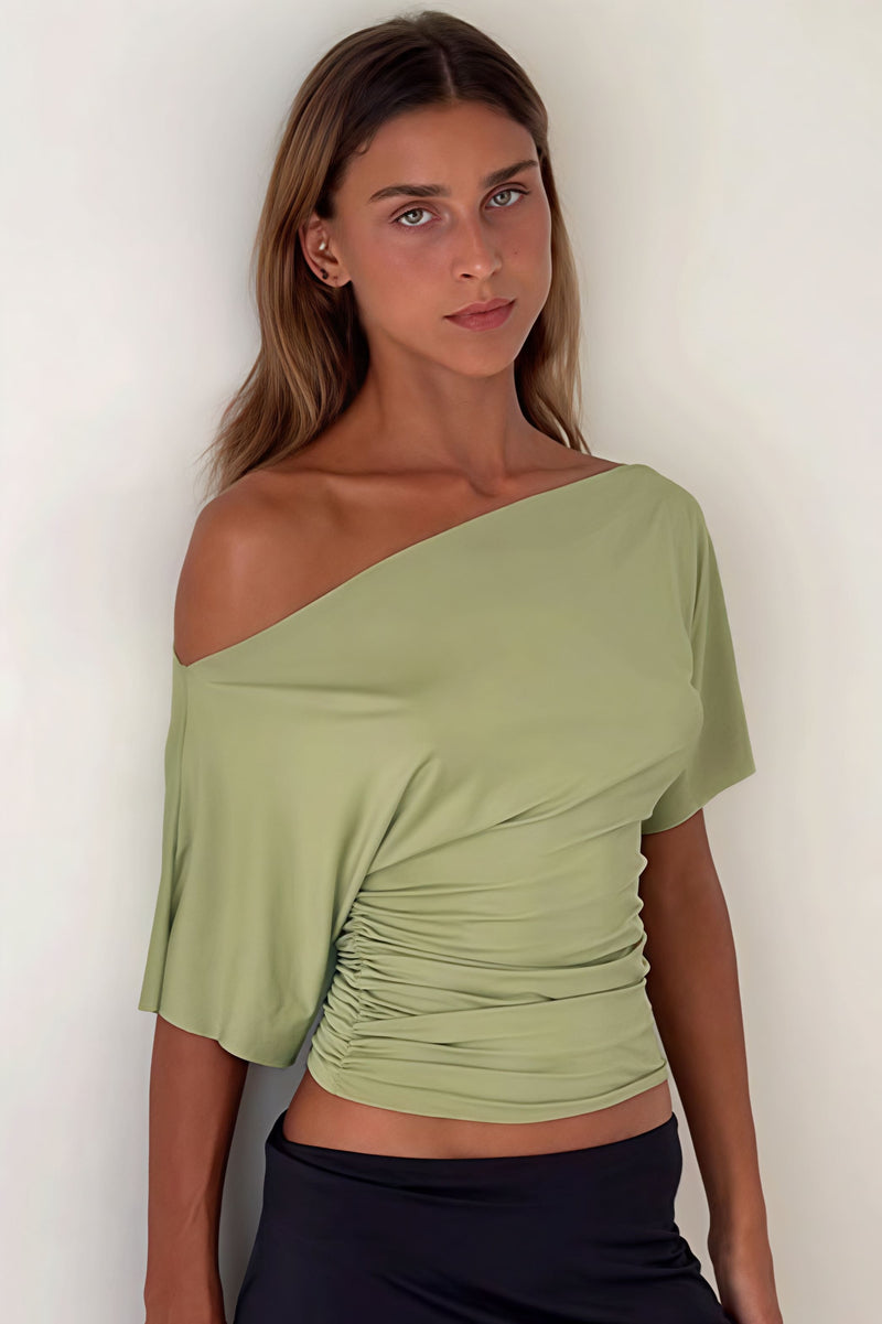 Off Shoulder Shirred Waist T-shirt