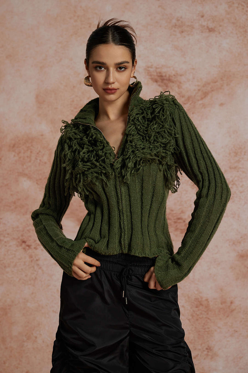 Sweater Fringe Zipper Long-sleeve Top