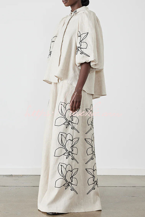 Elaina Linen Blend Print Button Pocketed Wide Leg Palazzo Pant