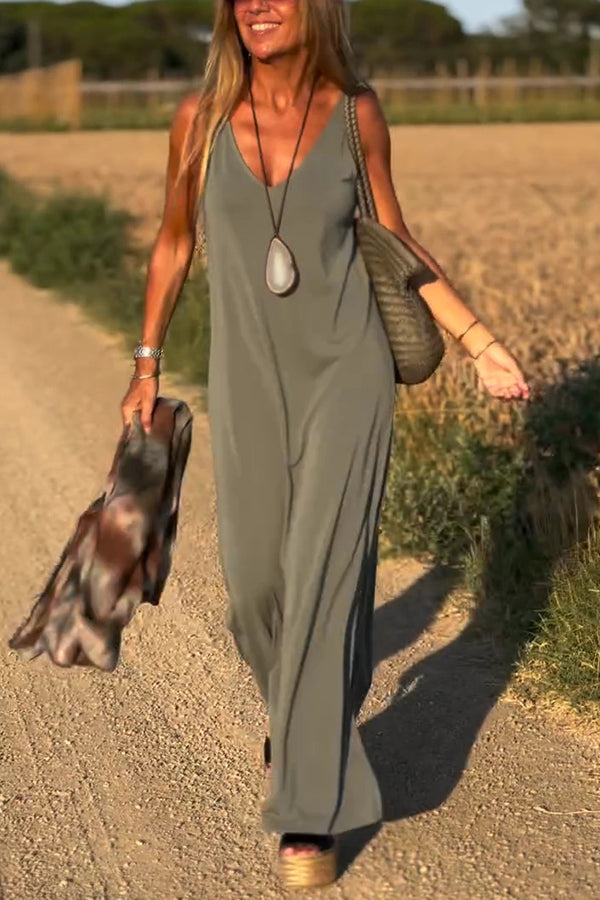 Color V-neck Sleeveless Loose Maxi Dress