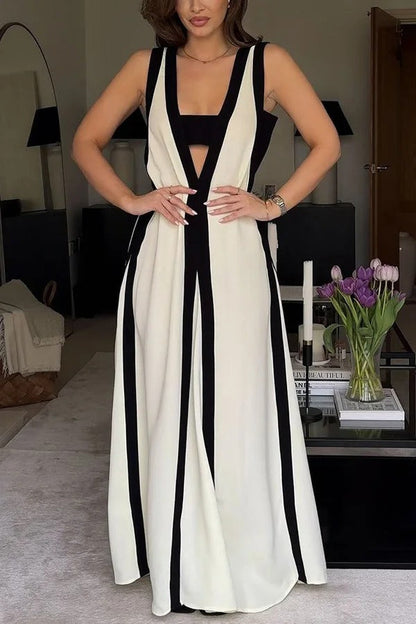 Piano Keys Reversible Style Colorblock A-line Maxi Dress