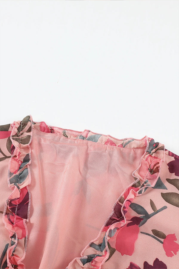Pastel Red Print Ruffle Trim Plunge Neckline Maxi Dress