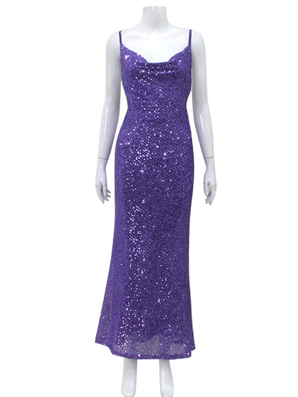 Back Cross Sequined Split-joint Spaghetti-neck Maxi Dresses