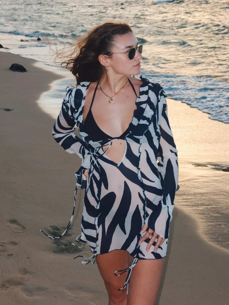 Julissa Mo Chiffon Sheer Bandage V-neck Longsleeve Mini Dress for Zebra Print Slim See Through Beach Holiday Dresses