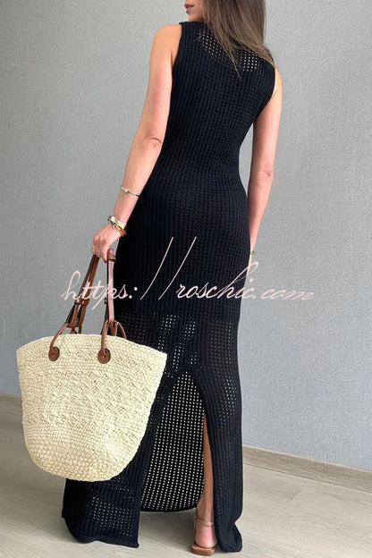 Knitted Round Neck Paneled Cutout Bodycon Maxi Dress