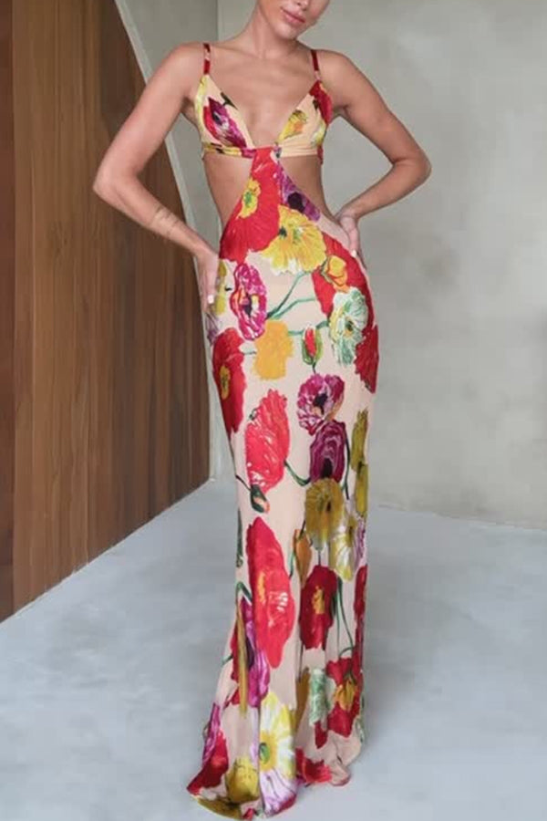 Hawaiian Dreams Satin Print Cutout Backless Maxi Dress