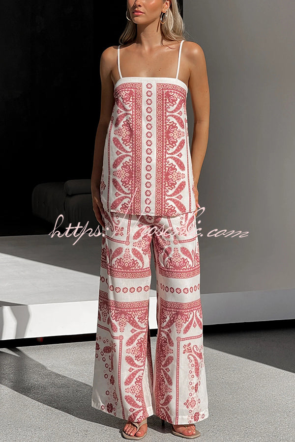 Unique Print Loose Tank Top and Elastic Waist Wide Leg Straight Pants Set