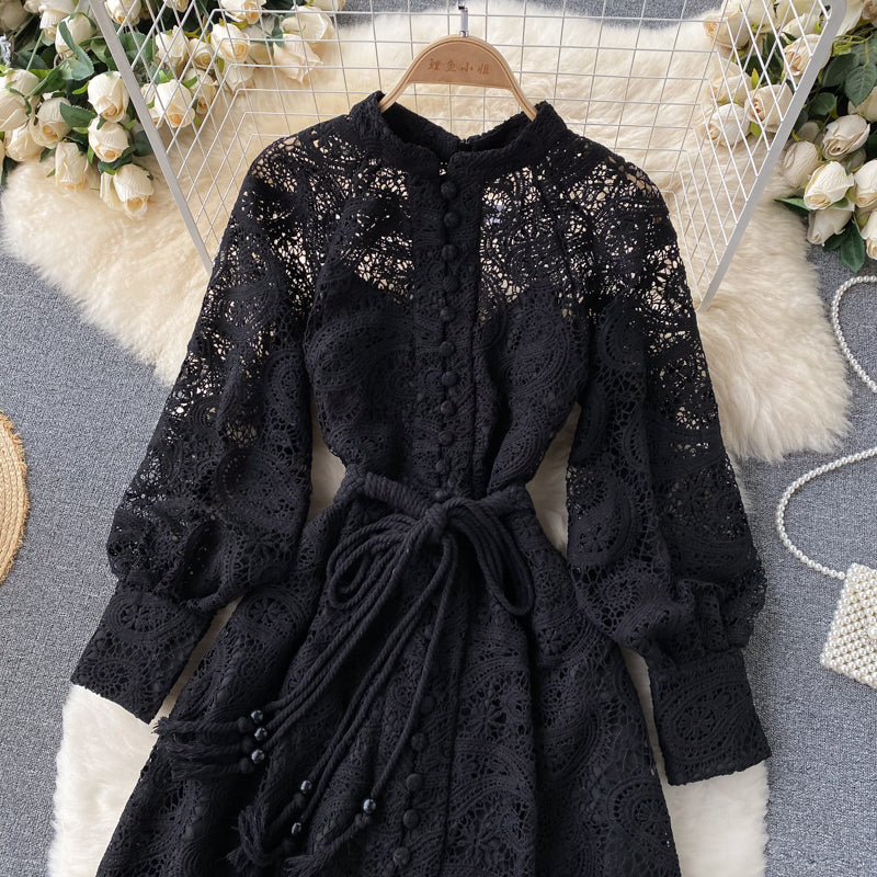 Apricot Cashew Flower Lace Embroidery Single Breasted Lantern Sleeve Midi Dress