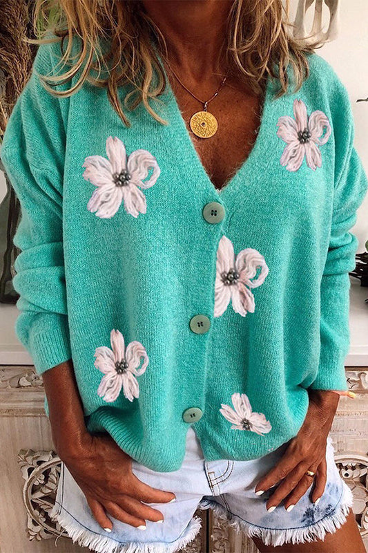 Long Sleeve Cardigan Embroidered V-neck Knit Sweater