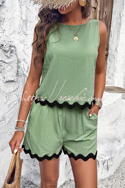 Wavy Edge Buttoned Elastic Waist Shorts Set