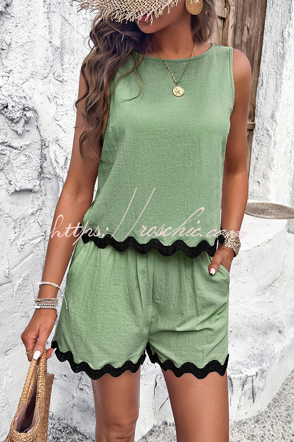Wavy Edge Buttoned Elastic Waist Shorts Set