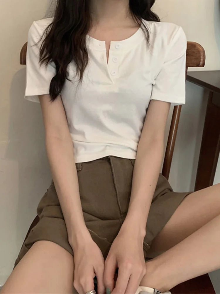 T-shirt Open Button Short Sleeve Crop Top Clothing Basic T Shirt Skinny White Slim Female Tops