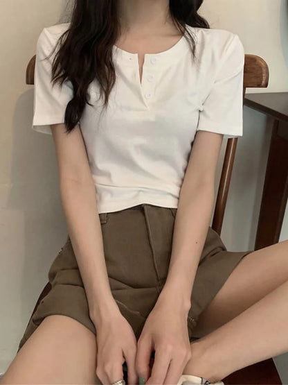 T-shirt Open Button Short Sleeve Crop Top Clothing Basic T Shirt Skinny White Slim Female Tops