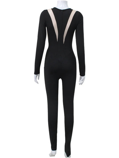 Mesh Stitching Jumpsuit Long Sleeve Bodycon One Piece See Through Monos Mujer Elegante Club ’s Playsuit