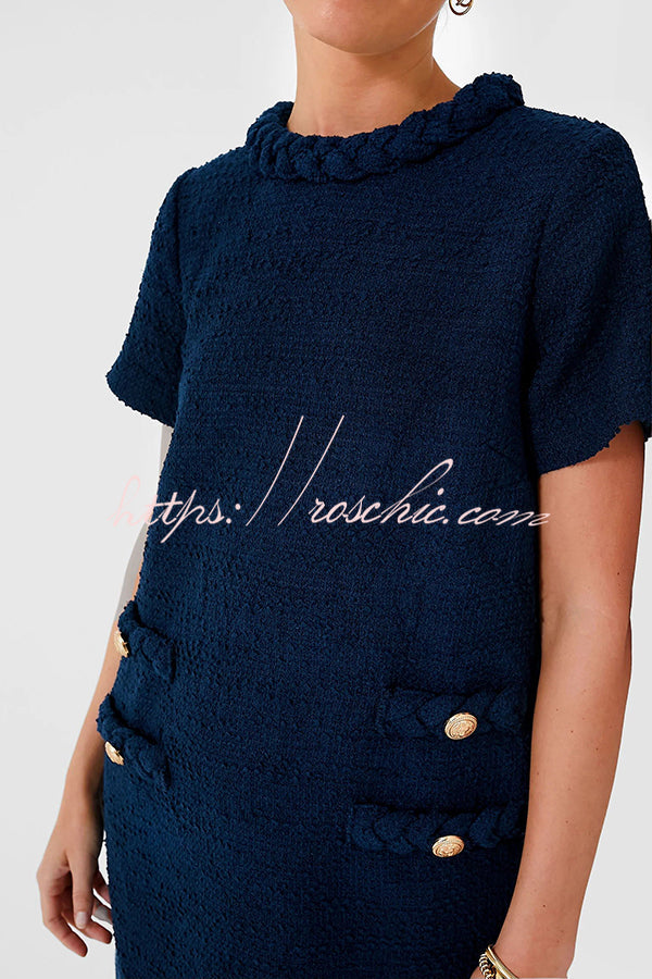 Confident and Tweed Fabric Braided Trim Button Shift Mini Dress