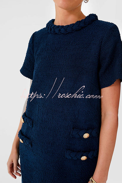 Confident and Tweed Fabric Braided Trim Button Shift Mini Dress