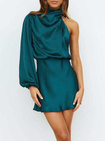 High Waisted Long Sleeves Asymmetric Elasticity Color High Neck Mini Dresses