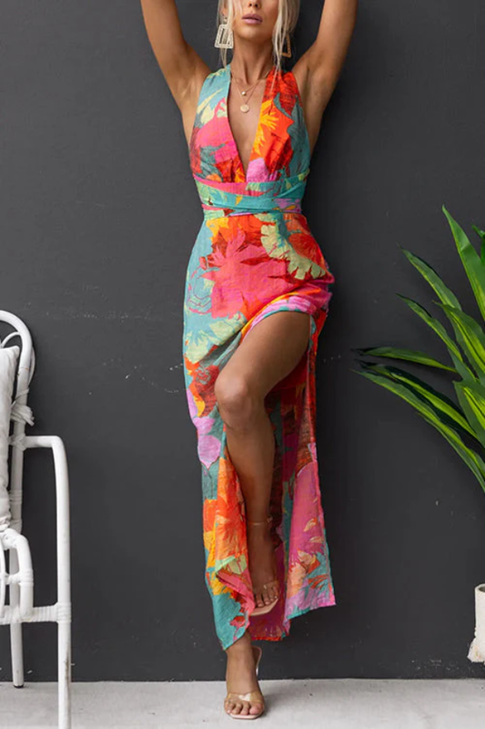 V Neck Sleeveless Tie Back Slit Print Maxi Dress