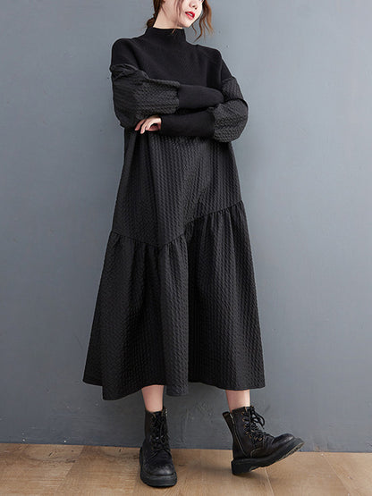 Long Sleeves Loose Split-joint Jacquard High-neck Sweater Dresses