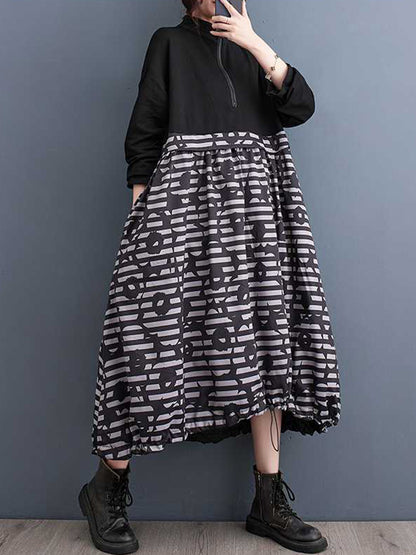 Long Sleeves Loose Drawstring Printed Split-joint Zipper Midi Dresses