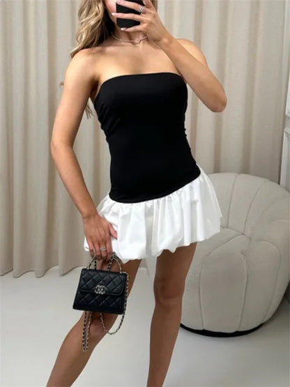 Summer Ruffled Mini Dress for Contrast High Waist Bandeau Patchwork Backless Dress Female Mini Dress